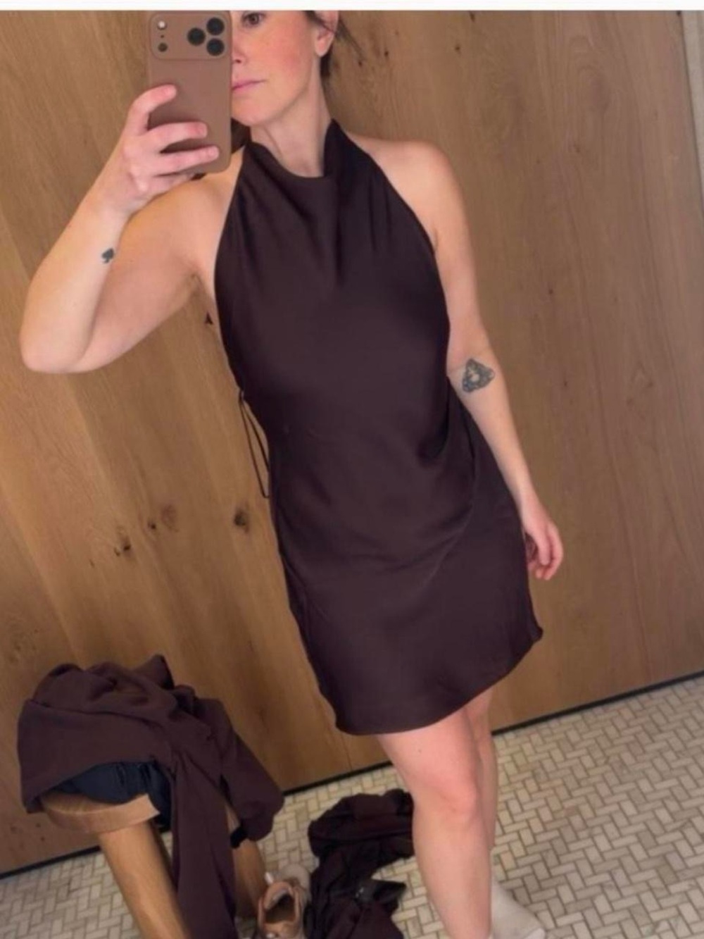 Aritzia Halter Neck Satin Mini Dress in Chocolate Brown